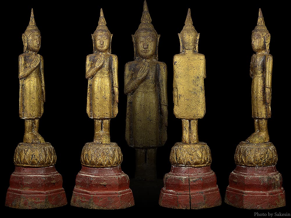 พระไม้แกะ ล้านนา ยืน ลงรัก ชาด ทอง  