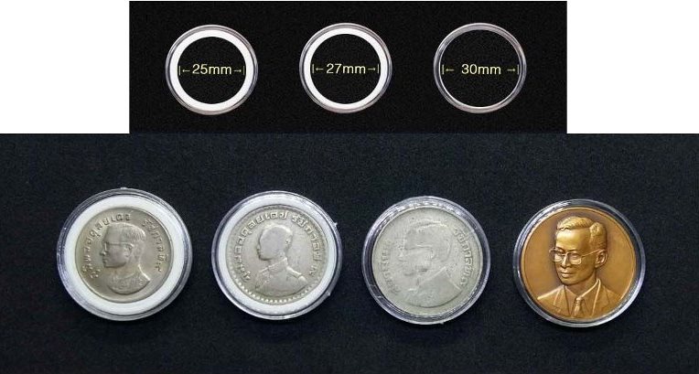 ตลับพลาสติก กลมใส่เหรียญ ขนาด 33 มิลพร้อมยางปรับขนาด เป็น 25/27/30 มิลจำนวน 100 ชุด พร้อมกล่องเก็บ