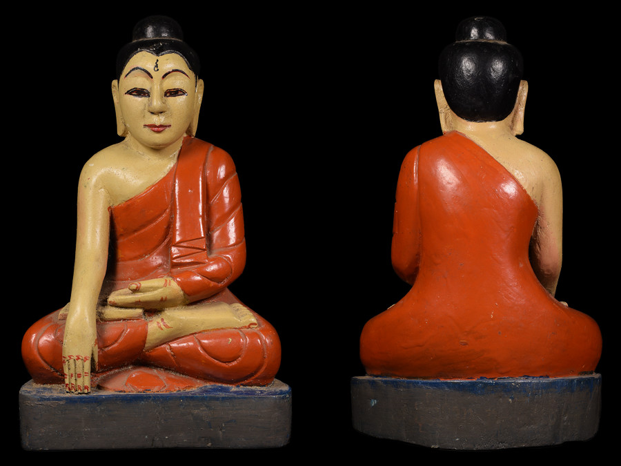 พระพุทธไม้สลักลงสี ศิลปะพม่า